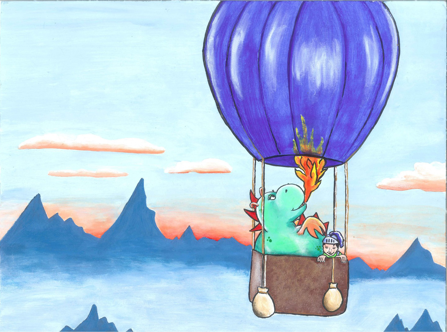 Drachen spuckt Feuer in einen Heißluftballon