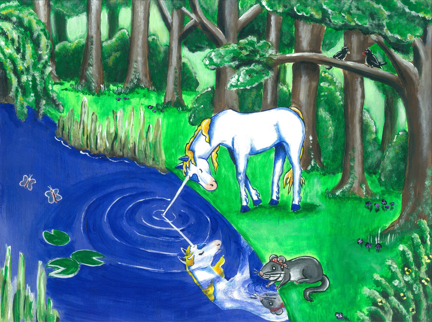 Einhorn taucht sein Horn ins Wasser